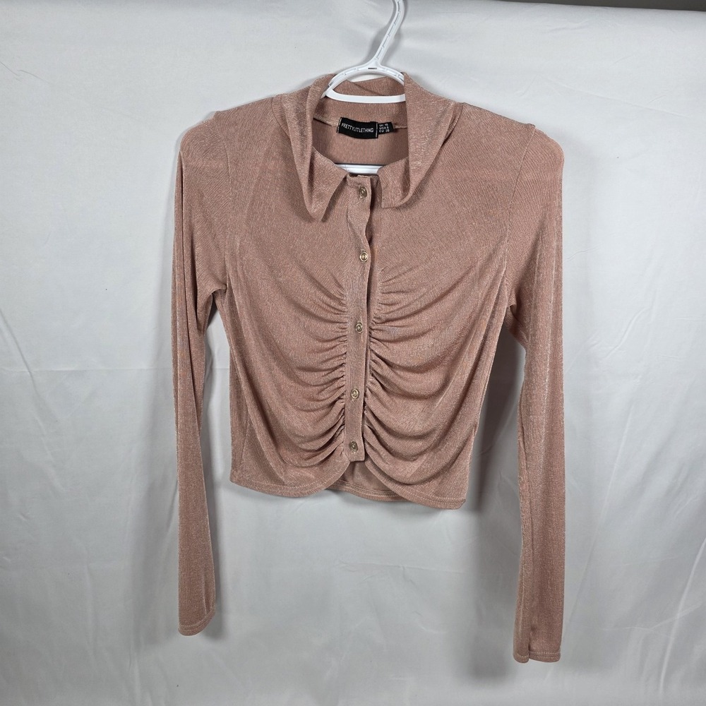 Pretty Little Thing Women's Size 6 Blush Long Sleeve Button Crop Top